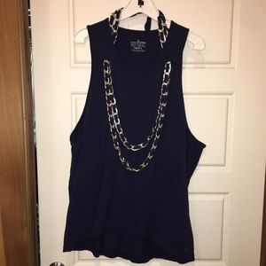 neon buddha tank - navy w built in necklace - L